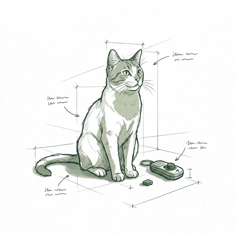 Hand-drawn sketch of an attentive cat sitting upright beside a small training clicker and a treat