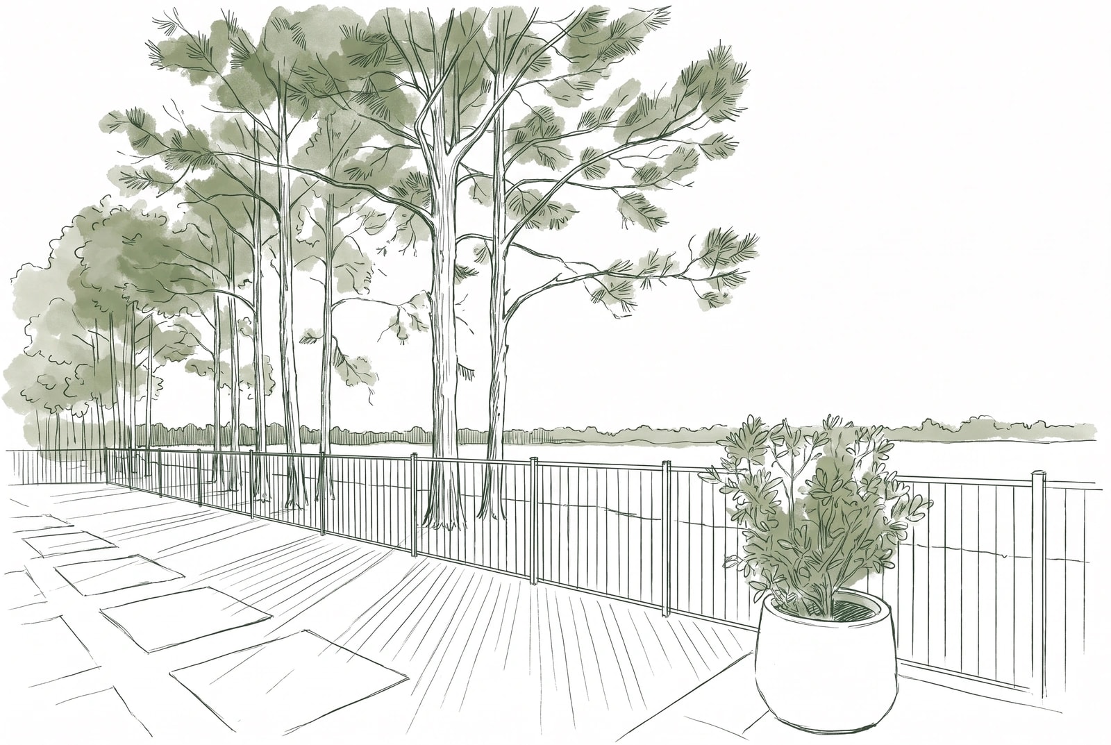 Line-art of a lakeside boardwalk in Orlando — tall pines along a railing, the water behind rendered in loose green washes