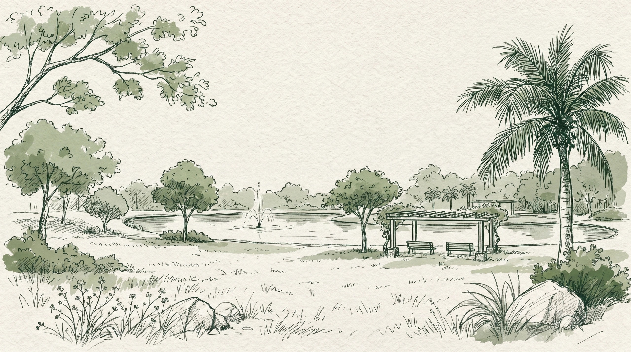Hand-drawn park scene — trees around a lake with a fountain, a pergola with benches, and a palm — in forest-green ink on warm paper