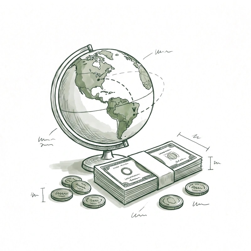 Hand-drawn sketch of a household desk with a stack of bank statements, a small model house, and an open ledger